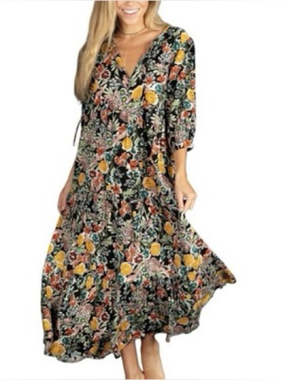 Natural Life Sage Dress Tropical Garden Roses M Floral Boho Rayon